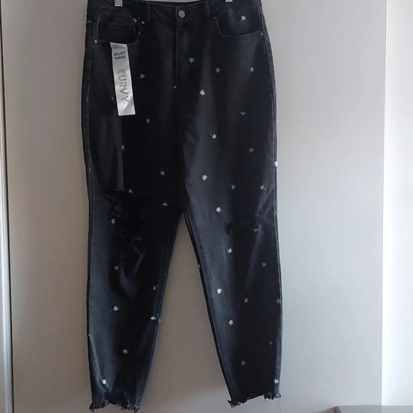 Hi-Rise Mom Jean Embroidered Daisies Floral Distressed Raw hems 31 90s Y2K - Picture 1 of 11